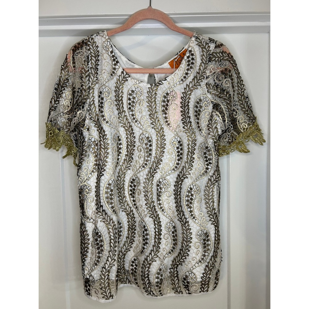NEW Voom‎ Joy Han Womens Metallic Gold Lace Embroidered Top White Medium Boho